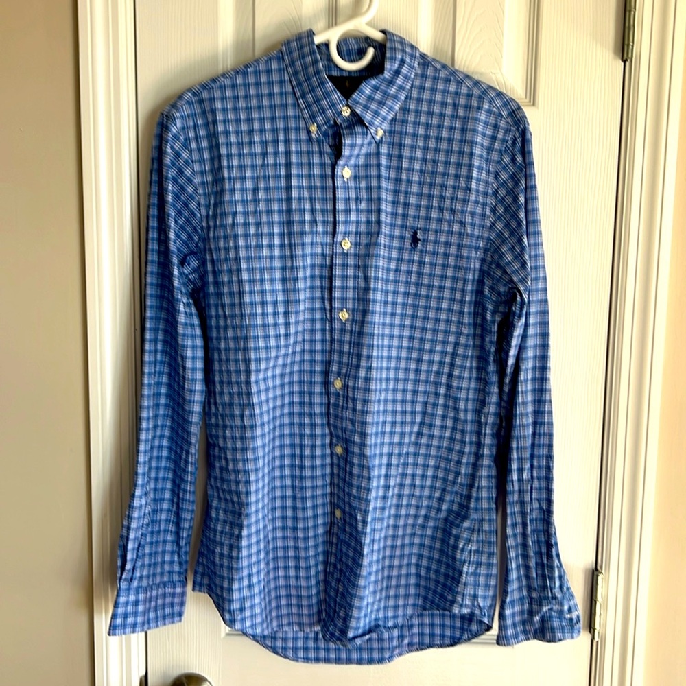 Men’s blue plaid Polo button up dress shirt.